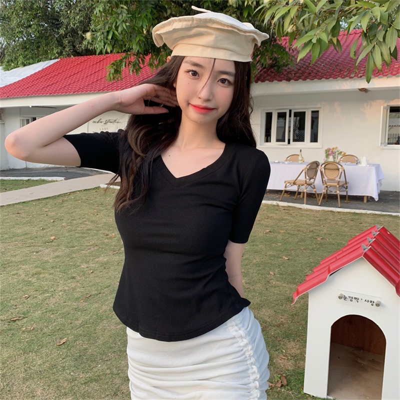 SUXI Áo Thun Tay Ngắn Cổ Chữ V Màu Sắc Đơn Giản Thời Trang Mùa Hè Dành Cho Nữ