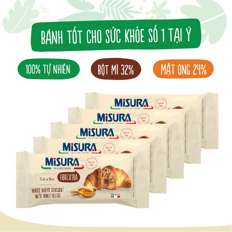 5 gói bánh mì sừng bò nhân mật ong, socola, mứt anh đào Misura Ý 50g, dùng bột mì nguyên cám giàu chất xơ