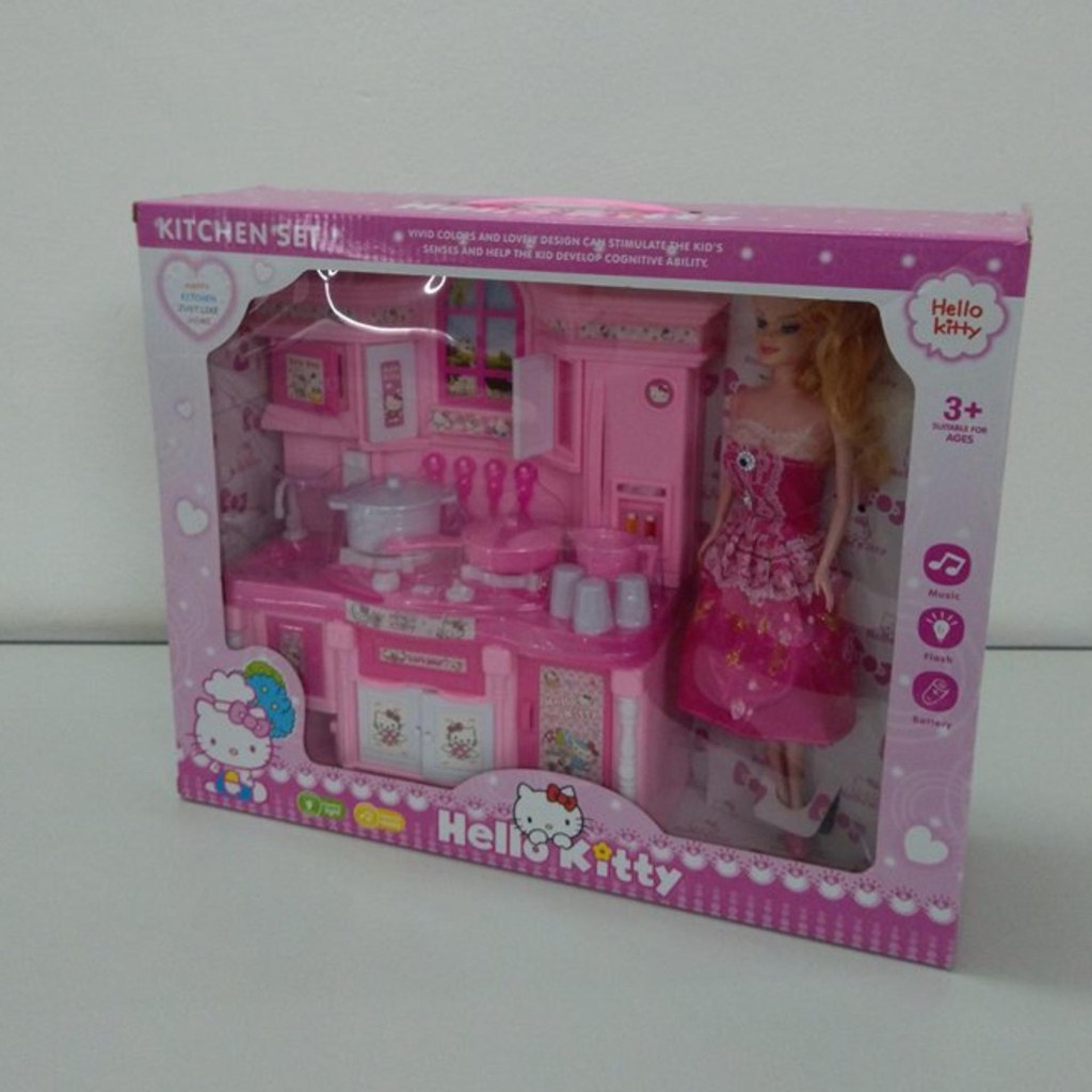 Bộ Đồ Chơi Nhà Bếp dễ thương Hello Kitty Cùng Búp Bê Barbie (Có Đèn, Nhạc)