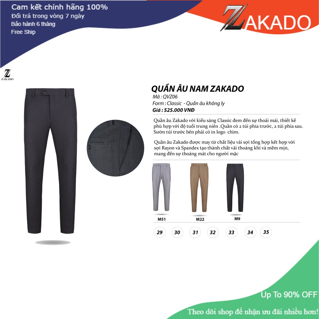 Quần Âu Nam Cao Cấp Zakado, Form Classic Không Ly, Lịch Sự, Tôn Dáng