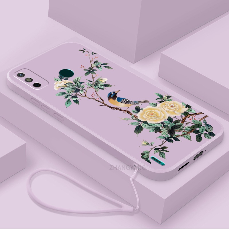 Ốp Điện Thoại TPU Mềm Họa Tiết Hoa Và Chim Có Dây Đeo Cho Tecno spark 6 go