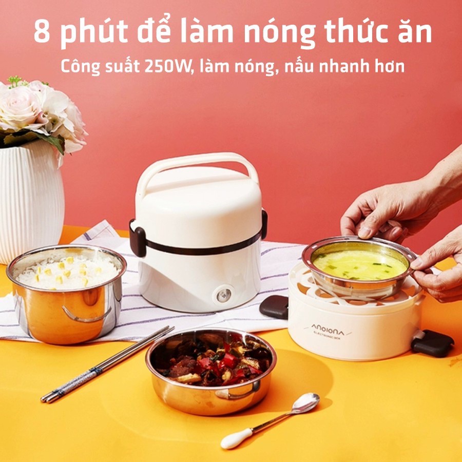 Hộp Cơm Văn Phòng Cắm Điện Giữ Nhiệt  Cao Cấp 3 Tầng Inox , Nấu Cơm Và Đồ Ăn Dung Tích 2L