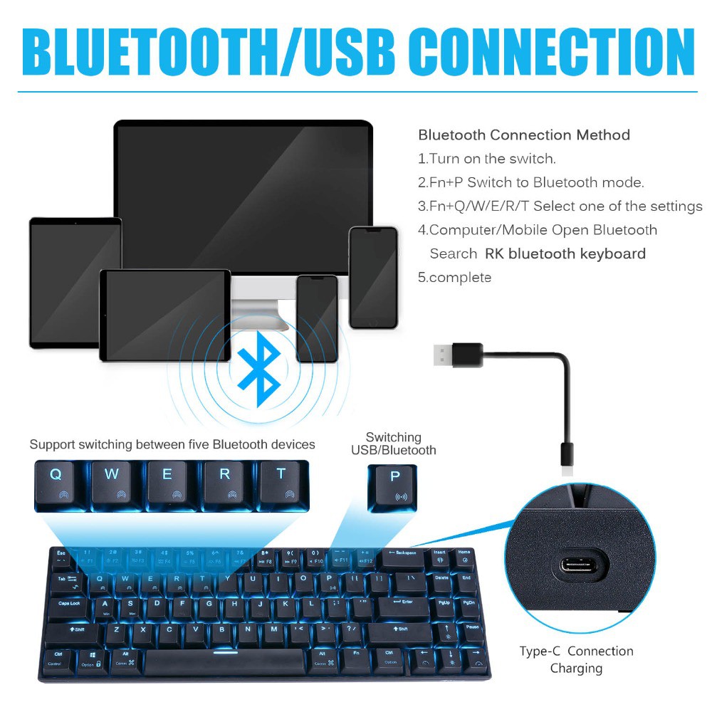 Bàn phím cơ RK71 PRO GAMING RGB Bluetooth không dây nhỏ gọn, Led nền RGB cực đẹp