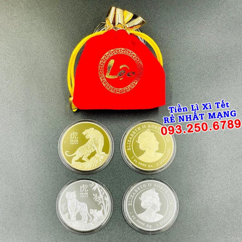 Tiền xu hình con Cọp Úc vàng và đồng xu hình Cọp bạc làm tiền lì xì tết - tặng kèm túi gấm đỏ - Quà Tết 2022