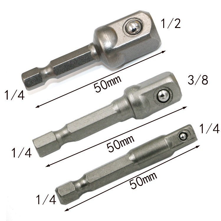 Bộ 3 đầu chuyển vặn khẩu 1/2-1/4-3/8 cho khoan điện pin chân lục giác 6.35mm