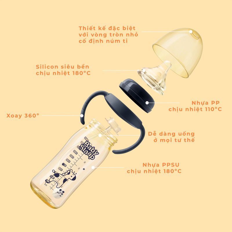 Bình sữa cổ rộng BABY SLAAP có tay cầm thiết kế chống sặc kèm núm ti silicon cao cấp 240ml