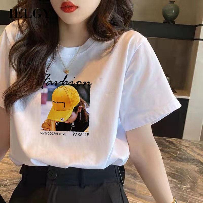 Áo thun IELGY tay ngắn cổ tròn in họa tiết hoạt hình đơn giản phong cách thời trang cho nữ