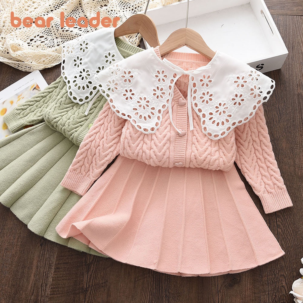BEAR LEADER Bộ Áo Khoác Cardigan Len 2 Món Phối Đầm Ren Thời Trang Thu Đông Cho Bé Gái 2-6 Tuổi