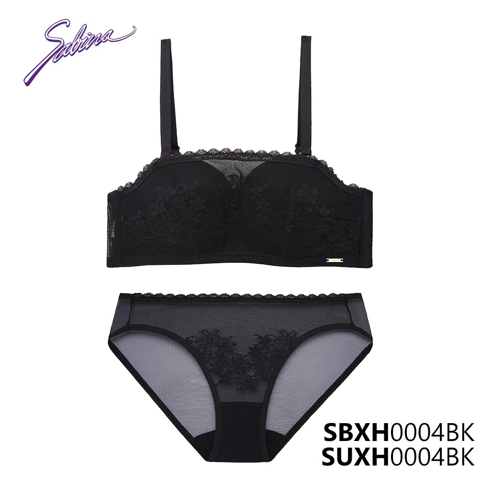 Combo Áo Lót Cup Ngang Mút Dày Vừa Phối Ren Và Quần Đồng Bộ Màu Đen Fashion Soft Doomm By Sabina SBXH0004BK+SUXH0004BK