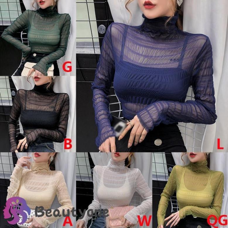 Áo thun dáng ôm tay dài cổ lọ thiết kế xuyên thấu thời trang quyến rũ cho nữ ་
