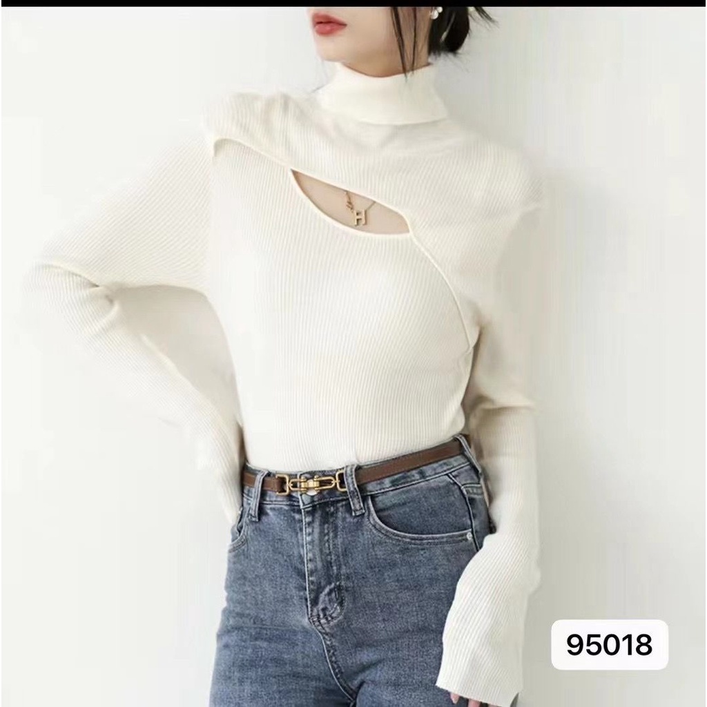 Áo sweater tay dài cổ cao dáng ôm màu trơn khoét lỗ thời trang Hàn Quốc