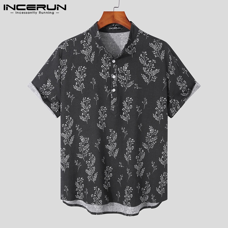 Áo kiểu INCERUN tay ngắn cotton in họa tiết phong cách vintage cá tính thời trang cho nam