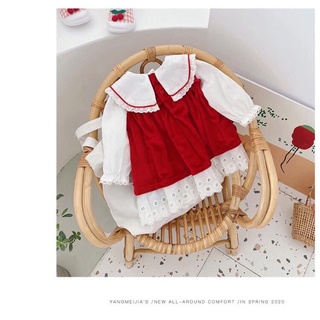 Set váy nhung đỏ cổ nơ bé gái
