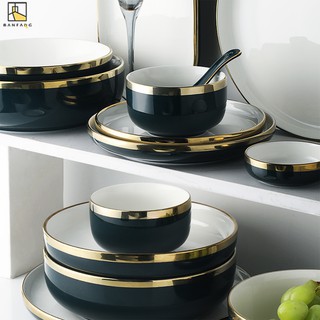 BANFANG Bộ chén đĩa (tự chọn) màu xanh đậm viền vàng kim sang trọng tiện dụng