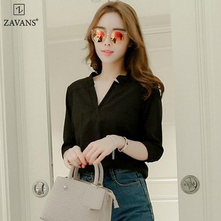 Áo sơ mi nữ form rộng cổ chữ V thời trang ZAVANS New02 (Đen)