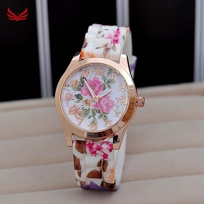 Đồng hồ đeo tay họa tiết hoa sứ có dây đeo bằng silicone xinh xắn dành cho học sinh nữ