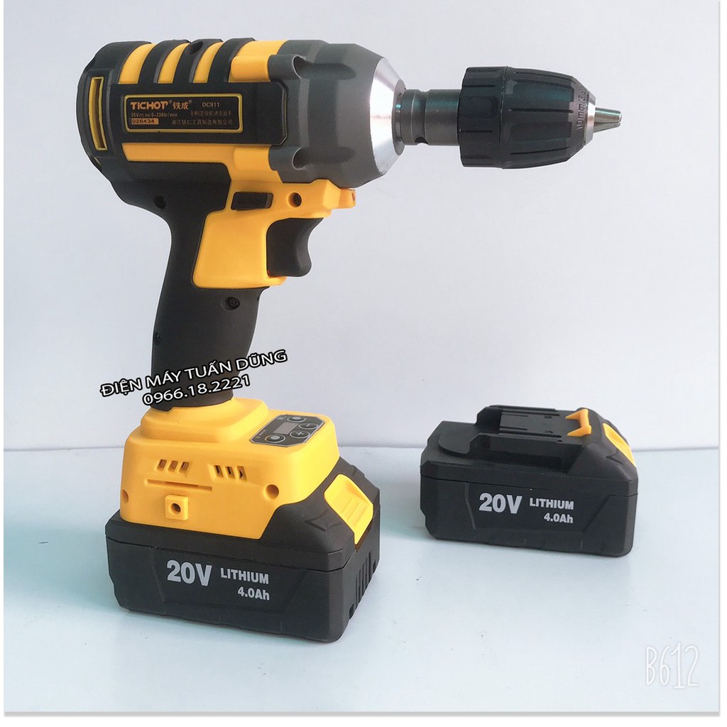 Máy siết bulong Tichop 20V KÈM 2 PIN TẶNG 5 KHẨU + ĐẦU KHOAN + ĐẦU CHUYỂN VÍT VÀ MŨI KHOAN, VÍT, TÔN