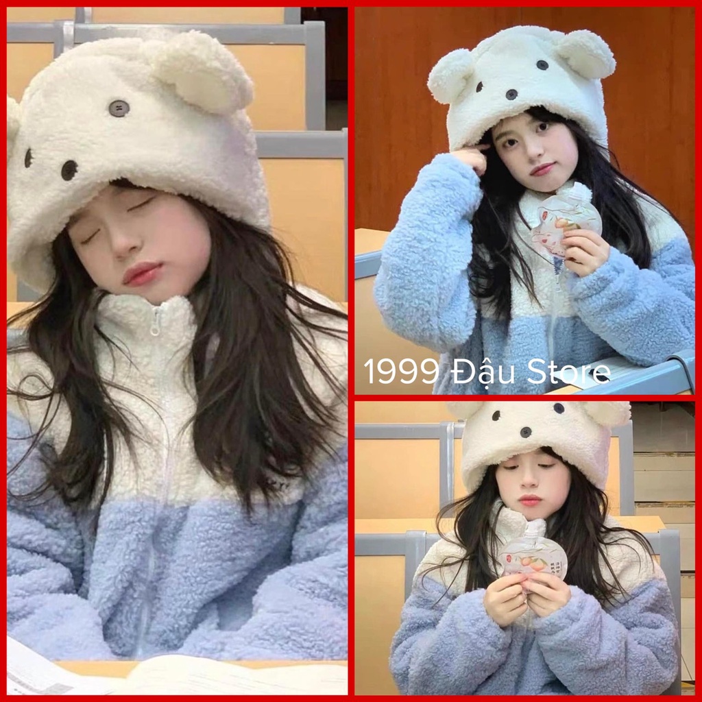 Áo khoác lông phối 2 màu trắng xanh, mũ khuy gấu cute