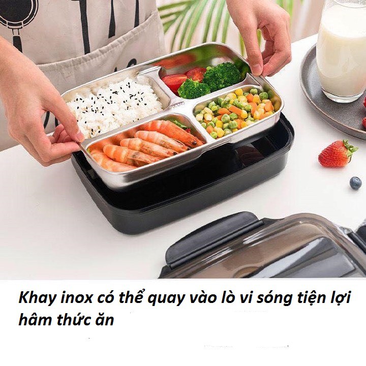 Hộp đựng cơm văn phòng Inox 4 ngăn bọc nhựa, chịu Nhiệt Lò Vi Sóng Tặng kèm đũa thìa Inox