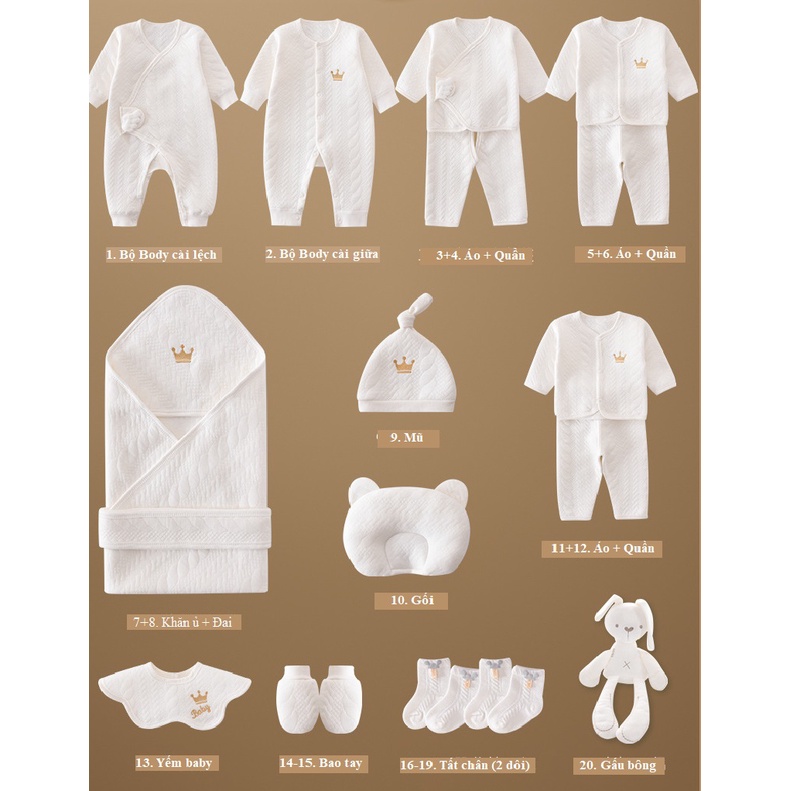 Set đồ sơ sinh 20 chi tiết 100% cotton hộp quà sang trọng 0-3m