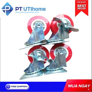 Combo 4 bánh xe đẩy hàng nhựa đỏ 4cm xoay 360 có khóa chống trơn trượt PT UTIHOME