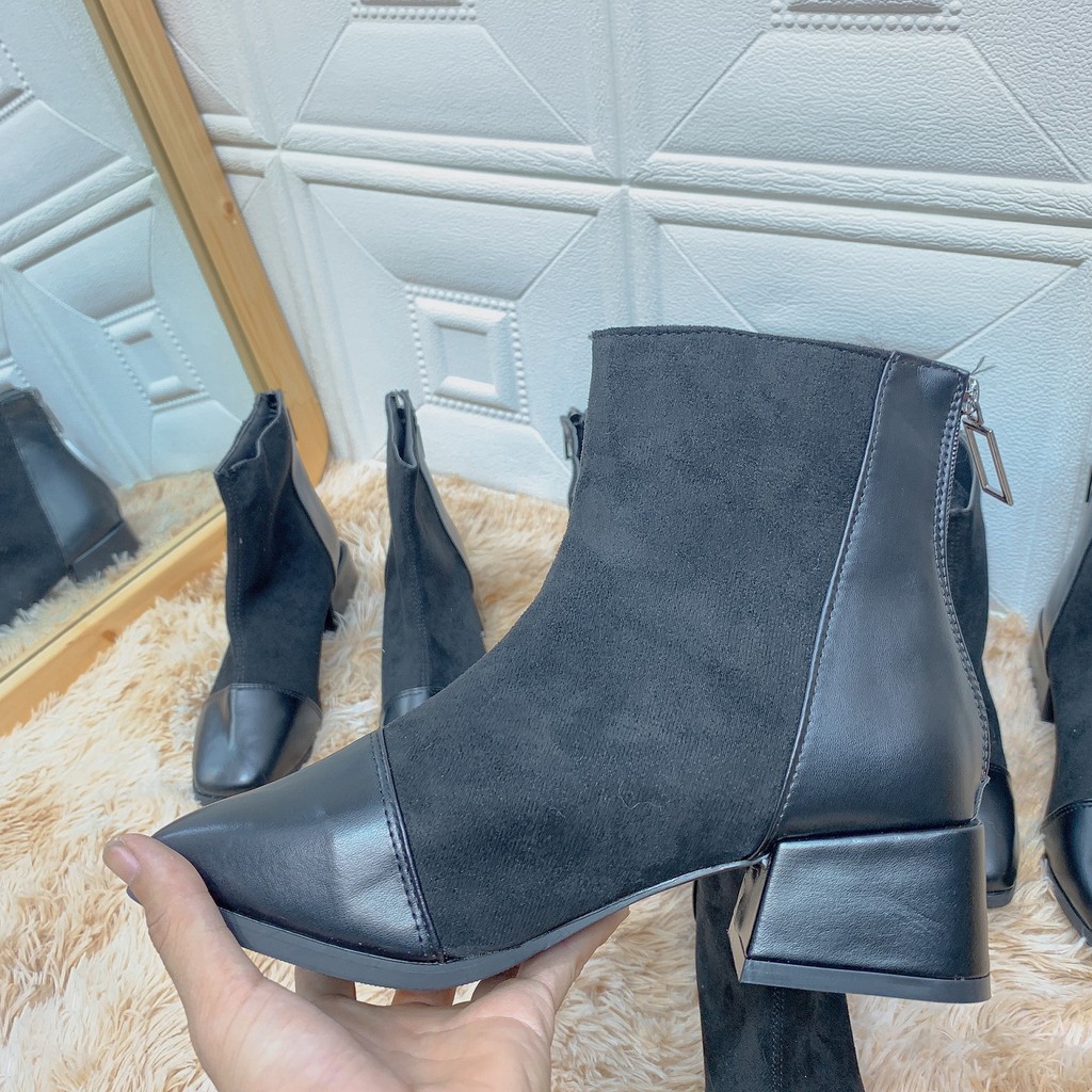 Giày bốt nữ cao gót da phối thun K04 boot 1G11