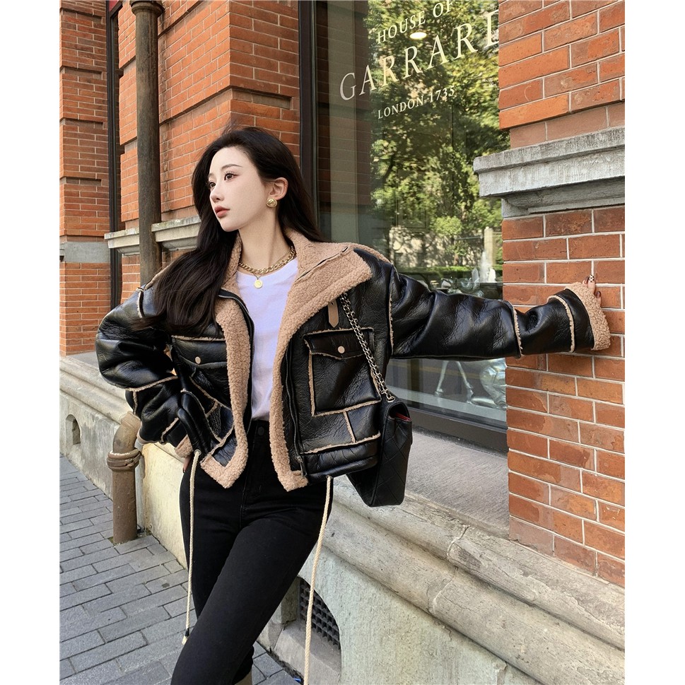 Áo khoác da phối lông hàng Quảng Châu cao cấp thu đông khí chất đầu xu hướng 2021