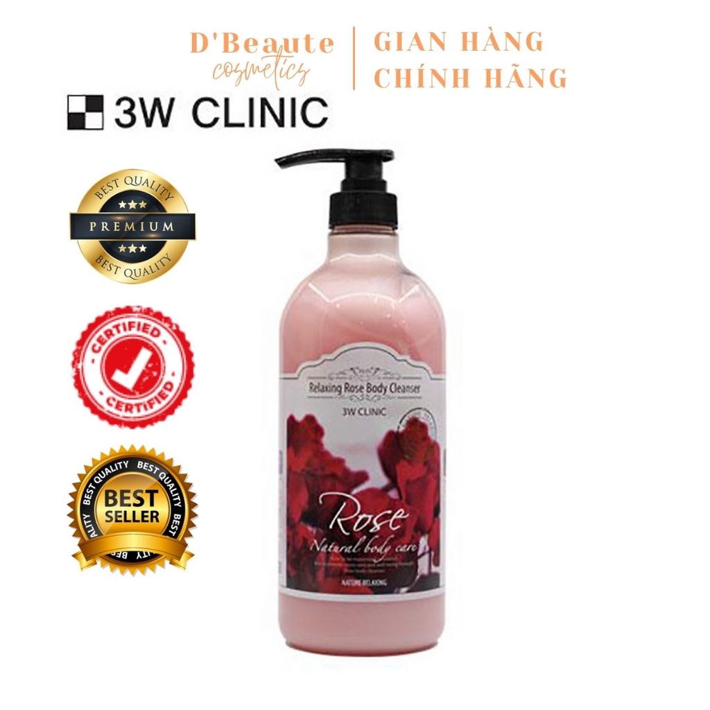 Sữa tắm dưỡng ẩm hương hoa hồng 3W CLINIC RELAXING BODY CLEANSER ROSE 1000ml - Hàn Quốc Chính Hãng