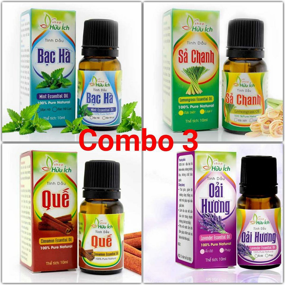 Combo 4 chai tinh dầu thiên nhiên 10ml và lọ treo xe chiết tinh dầu