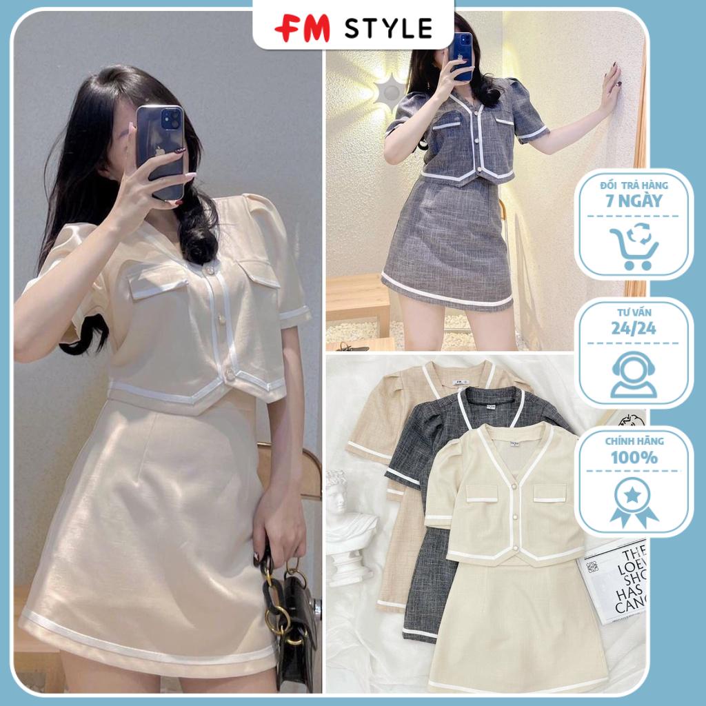 Set Áo phối viền áo cổ V kèm chân váy kiểu dáng Hàn Quốc Tiểu Thư | Fm style Shop 220129412