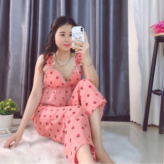 Sét Bộ Hai Dây Phối Ren In Dâu Có Mút Ngực Hot 2020(kèm hình thật)
