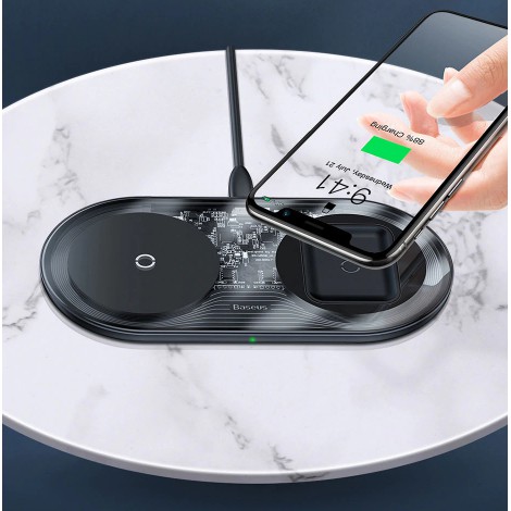 Đế Sạc Nhanh Không Dây Baseus Simple 2in1 Wireless Charger Công Suất 15W, Sạc 2 Thiết Bị Cùng Lúc Cho Iphone, Android