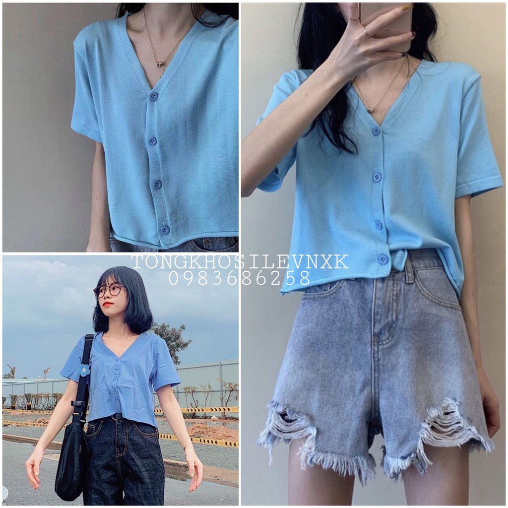 ÁO CROPTOP YUNI VIỀN NÚT NỮ XANH - ÁO CROPTOP CỔ V CÚC CÀI TAY LỠ BLUE BASIC