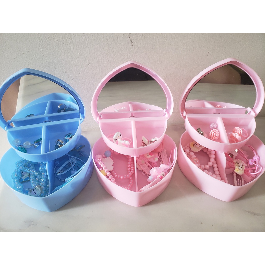 Hộp trang sức vòng cổ vòng tay dây buộc tóc kẹp tóc khuyên tai nhẫn siêu đáng yêu cho bé Hộp có gương và ngăn như hình