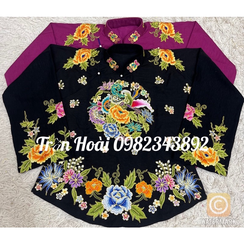 Khăn áo hầu đồng - áo Cô đôi , cô Sáu , Cô bé thêu hoa mẫu đơn nền vải đũi