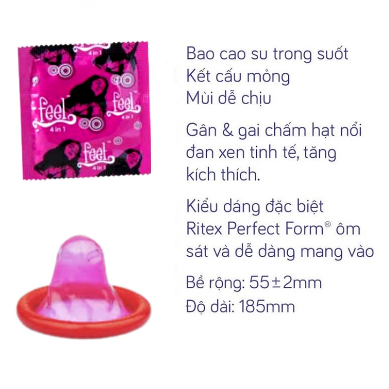 Hộp bao cao su feel 4 in 1 siêu mỏng ,gel bôi trơn hương dâu siêu nhiều 3 bao - hộp, kéo dài thời gian