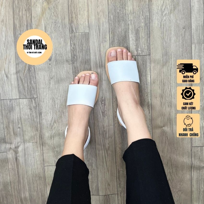 Giày sandal nữ đế bệt xỏ ngón quai ngang trắng/đen full size 30-40 nữ SANDALTHOITRANG