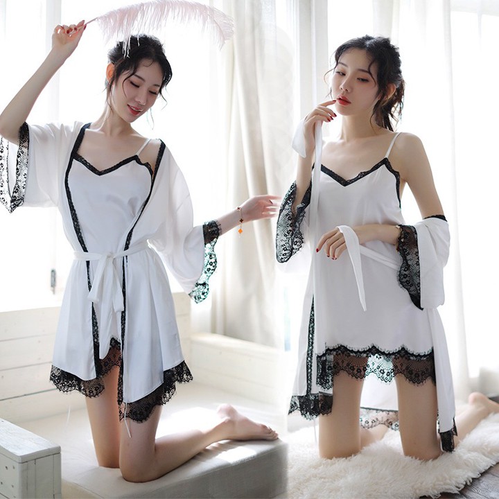 Set áo choàng ngủ lụa sexy kiểu kimono