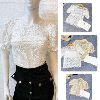 xinhFREESHIP]Áo ren lưới tay ngắn bo tay có lót bên trong đi kèm áo mix quần jean chân váy đèu xinh