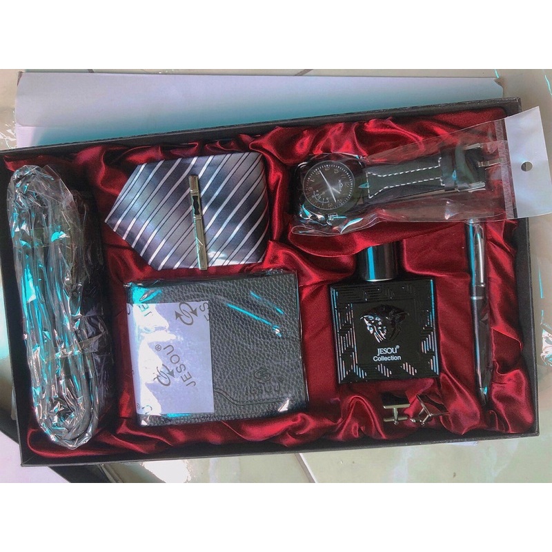(PASS, ẢNH THẬT) Set quà tặng nam JISOU combo 7 món NEW : Thắt lưng, ví tiền, carvat, đồng hồ, nước hoa, khuy cài áo