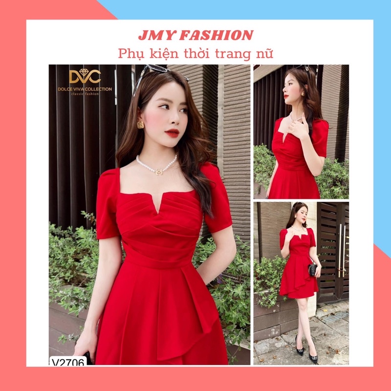 V2706 Váy đỏ cổ vuông công sở nữ tính - (DVC&ACC) Dolce viva colection
