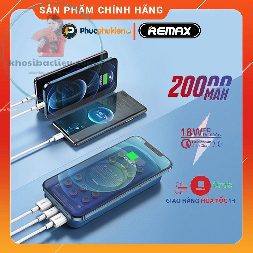 Sạc dự phòng không dây 20000mah chính hãng Remax RPP 207 sạc không dây 15w và 3 cổng sạc nhanh iPhone 20w Phúc Phụ Kiện