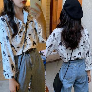 Áo sơ mi tay dài họa tiết hoạt hình vintage cho nữ