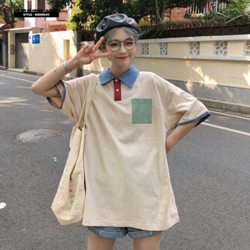 Áo polo Ulzzang DVT Cotton Color Block Mùa Hè Cá Tính A24