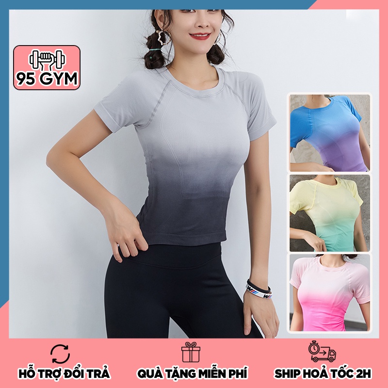 Áo tập gym yoga nữ AC24 dáng áo thể thao cộc tay phối màu loang đẹp mắt chất dệt co giãn tốt
