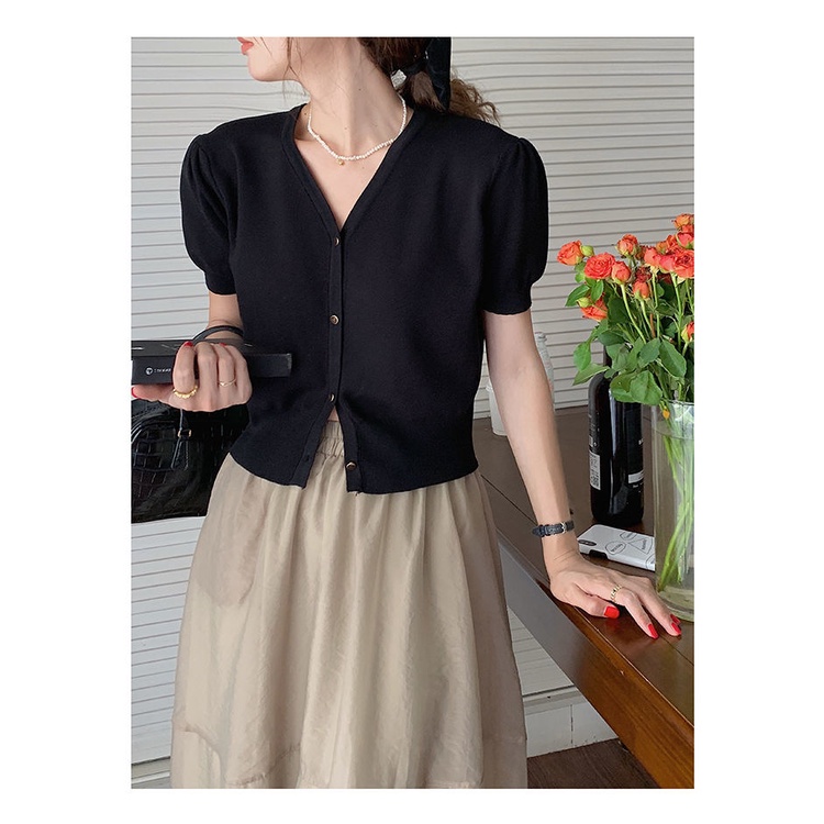 Áo cardigan Ngắn Tay Phồng Cổ Chữ v Phong Cách retro Thời Trang Hàn Quốc