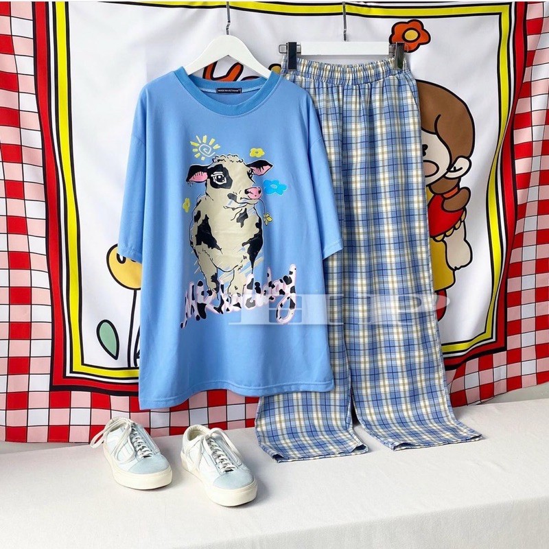 Sét Bộ Áo In Hình Thú Cute Và Quần Kẻ Đẹp Mặc Mùa Hè, Mặc Ở Nhà, Áo Phông Cotton Mát Mịn Phong Cách Hàn Quốc | WebRaoVat - webraovat.net.vn