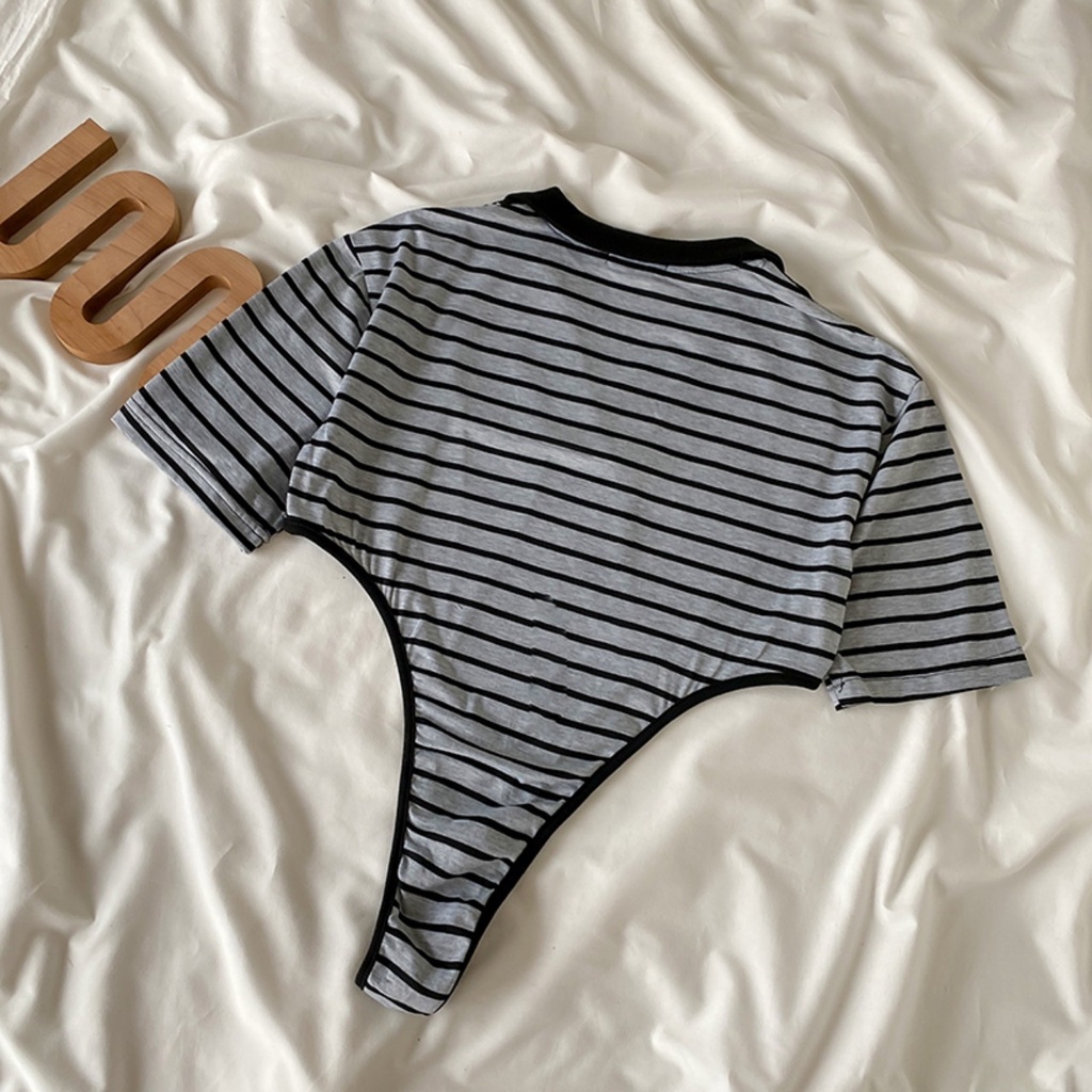 ☽☃ Áo Croptop liền thân bodysuit kẻ cộc tay cổ V cá tính ALT18 | BigBuy360 - bigbuy360.vn