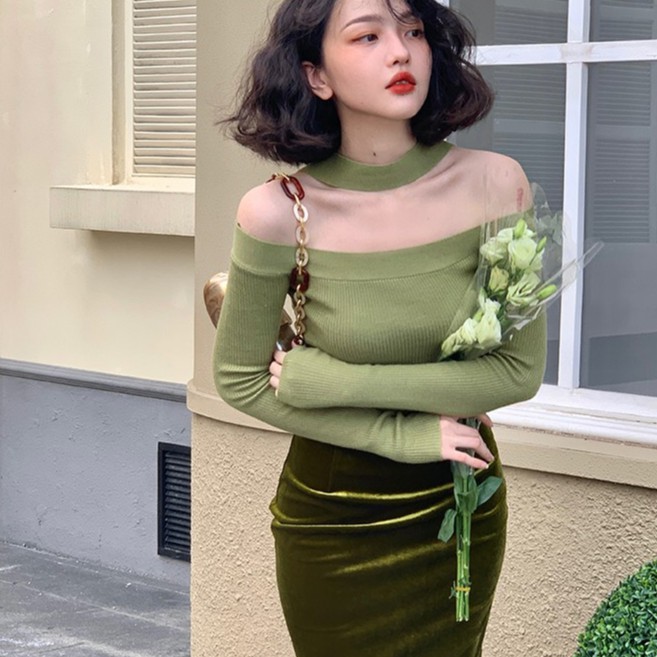 Áo dệt kim trễ vai dáng ôm phong cách retro thời trang mùa thu