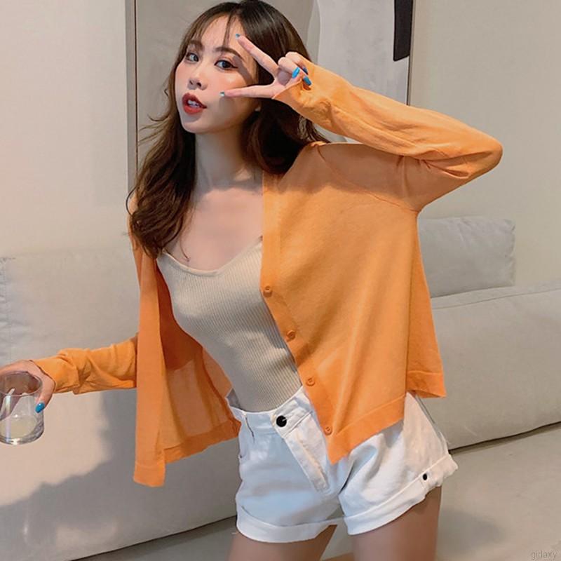 Áo Khoác Cardigan Dệt Kim Tay Dài Cổ Chữ V Màu Trơn Phong Cách Hàn Quốc Cho Nữ